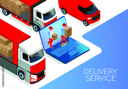 Illustration of online order for delivery of goods from the laptop. Transportation by drone, truck or car. Coordination of delivering over the Internet. isometric 3d