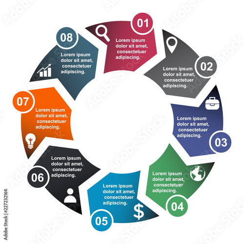 8 step vector element in eight colors with labels, infographic diagram. Business concept of 8 steps or options with empty