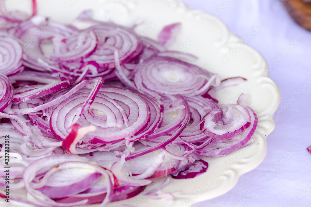 red onions rings on white plate red onions rings on white plate