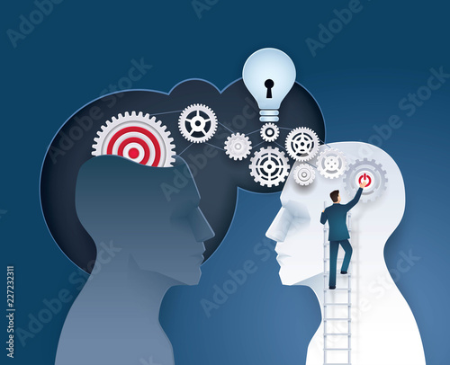 Businessman Climbing Ladder to pushing the start button
