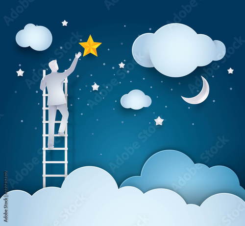 Businessman Climbing Ladder to Reach Star in the sky