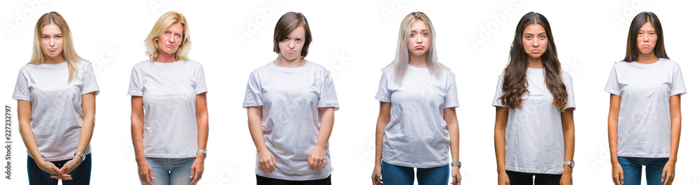Collage of group of women wearing white t-shirt over isolated background depressed and worry for distress, crying angry and afraid. Sad expression. Collage of group of women wearing white t-shirt over isolated background depressed and worry for distress, crying angry and afraid. Sad expression.