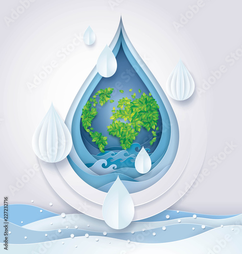 Save the Water and world, Leaf Earth globe map in Abstract Water drop Background