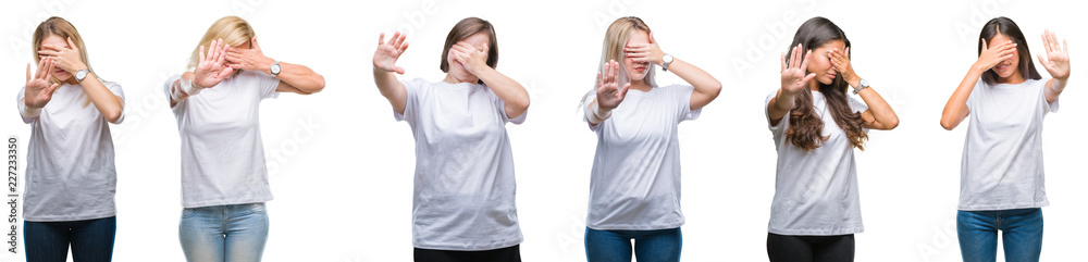 Collage of group of women wearing white t-shirt over isolated background covering eyes with hands and doing stop gesture with sad and fear expression. Embarrassed and negative concept. Collage of group of women wearing white t-shirt over isolated background covering eyes with hands and doing stop gesture with sad and fear expression. Embarrassed and negative concept.