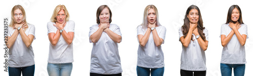 Fotografía Collage of group of women wearing white t-shirt over isolated background shouting and suffocate because painful strangle