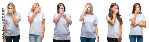 Collage of group of women wearing white t-shirt over isolated background smelling something stinky and disgusting, intolerable smell, holding breath with fingers on nose. Bad smells concept.