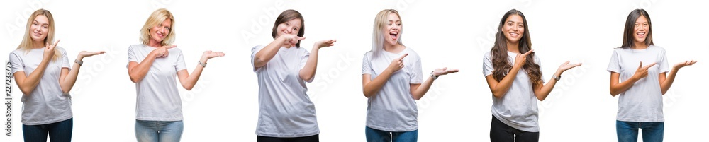 Collage of group of women wearing white t-shirt over isolated background amazed and smiling to the camera while presenting with hand and pointing with finger. Collage of group of women wearing white t-shirt over isolated background amazed and smiling to the camera while presenting with hand and pointing with finger.