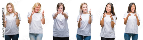 Collage of group of women wearing white t-shirt over isolated background pointing fingers to camera with happy and funny face. Good energy and vibes.