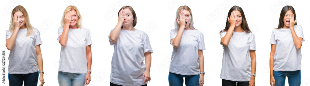 Collage of group of women wearing white t-shirt over isolated background covering one eye with hand with confident smile on face and surprise emotion. Collage of group of women wearing white t-shirt over isolated background covering one eye with hand with confident smile on face and surprise emotion.