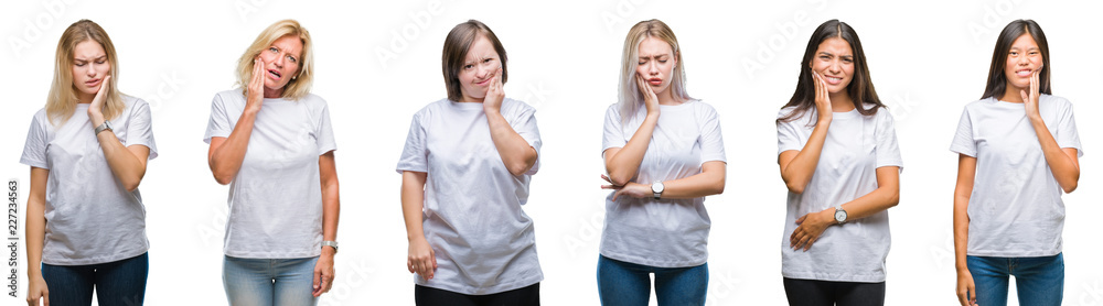 Collage of group of women wearing white t-shirt over isolated background touching mouth with hand with painful expression because of toothache or dental illness on teeth. Dentist concept. Collage of group of women wearing white t-shirt over isolated background touching mouth with hand with painful expression because of toothache or dental illness on teeth. Dentist concept.