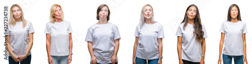 Collage of group of women wearing white t-shirt over isolated background making fish face with lips, crazy and comical gesture. Funny expression.