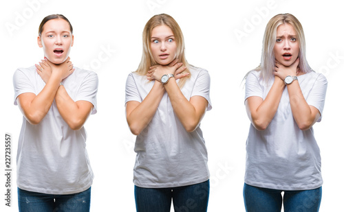 Fotografía Collage of group of young women wearing white t-shirt over isolated background shouting and suffocate because painful strangle