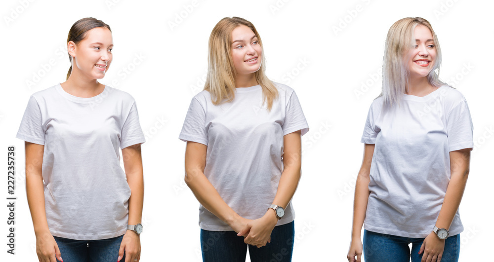Obraz premium Collage of group of young women wearing white t-shirt over isolated background looking away to side with smile on face, natural expression. Laughing confident.
