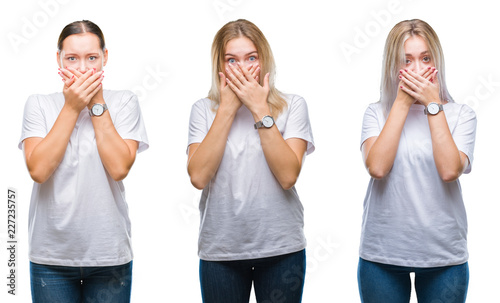 Collage of group of young women wearing white t-shirt over isolated background shocked covering mouth with hands for mistake. Secret concept.