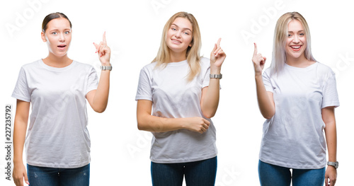 Collage of group of young women wearing white t-shirt over isolated background pointing finger up with successful idea. Exited and happy. Number one.