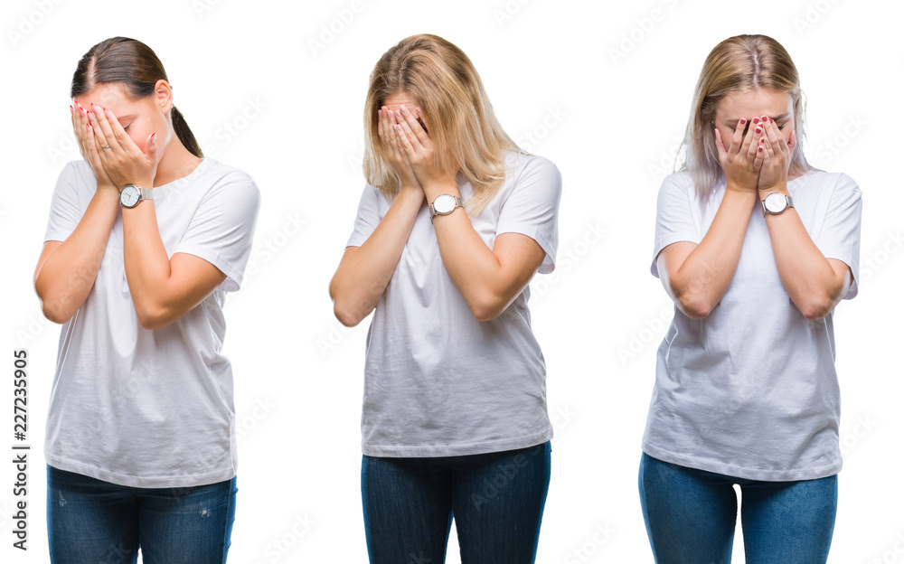 Collage of group of young women wearing white t-shirt over isolated background with sad expression covering face with hands while crying. Depression concept. Collage of group of young women wearing white t-shirt over isolated background with sad expression covering face with hands while crying. Depression concept.
