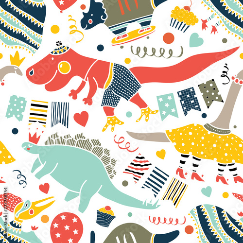Seamless pattern  with dinosaurs. Cool party!