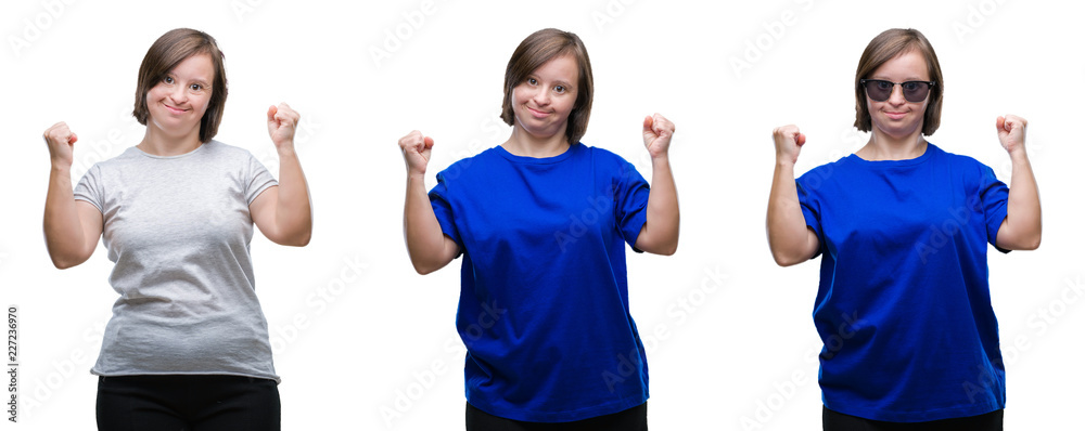 Obraz premium Collage of down sydrome woman over isolated background very happy and excited doing winner gesture with arms raised, smiling and screaming for success. Celebration concept.