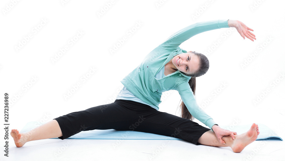 fitness exercise trainer shows stretching the muscles. fitness exercise trainer shows stretching the muscles.
