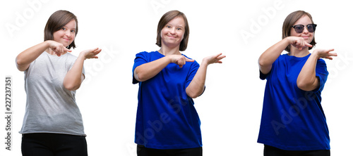 Collage of down sydrome woman over isolated background amazed and smiling to the camera while presenting with hand and pointing with finger.