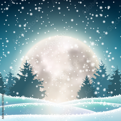 Winter snowy landscape with big shinny moon