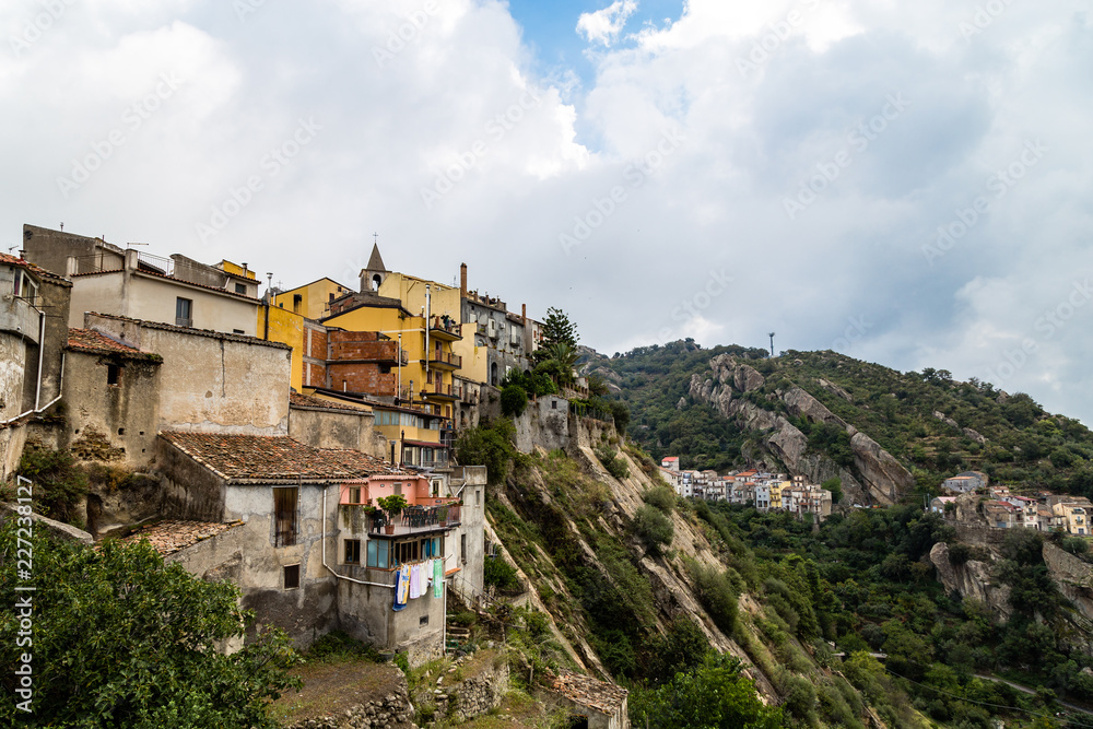 View from the Belvedere of Motta Camastra, a village in Sicily not far from taormina, perched on the top of a hill in the valley of the Alcantara River