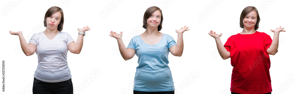 Collage of down sydrome woman over isolated background clueless and confused expression with arms and hands raised. Doubt concept. Collage of down sydrome woman over isolated background clueless and confused expression with arms and hands raised. Doubt concept.