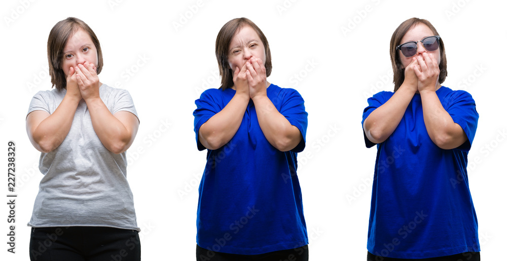 Collage of down sydrome woman over isolated background shocked covering mouth with hands for mistake. Secret concept. Collage of down sydrome woman over isolated background shocked covering mouth with hands for mistake. Secret concept.