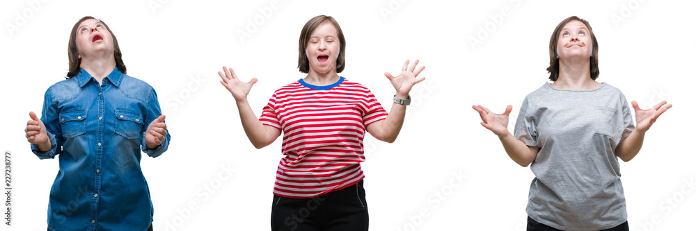 Collage of down sydrome woman over isolated background crazy and mad shouting and yelling with aggressive expression and arms raised. Frustration concept.