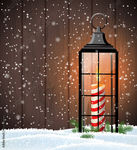 Christmas still-life with old lantern on wooden background