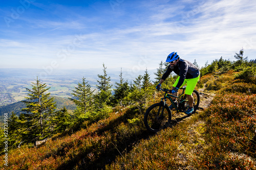 Mountain biker cycling in autumn mountains forest landscape. Man cycling MTB flow trail track. Outdoor sport activity.