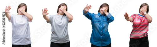 Collage of down sydrome woman over isolated background covering eyes with hands and doing stop gesture with sad and fear expression. Embarrassed and negative concept. photo