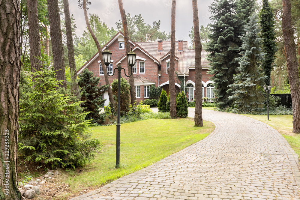 A long cobbled driveway in woods leading to an English style house. A long cobbled driveway in woods leading to an English style house.