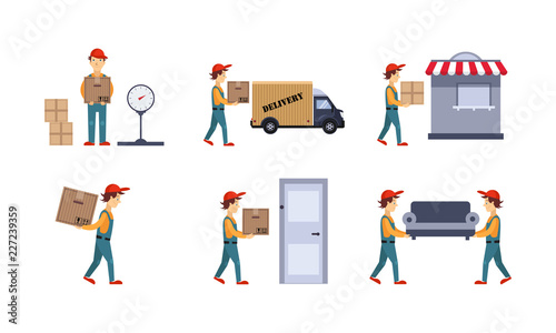 Courier or delivery men set, workers delivering boxes, parcels, express delivery service concept vector Illustration on a white background