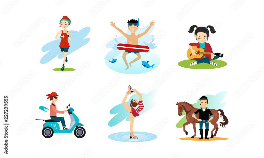 People enjoying various hobbies set, man and woman doing sports, playing guitar, riding motorbike vector Illustration on a white background People enjoying various hobbies set, man and woman doing sports, playing guitar, riding motorbike vector Illustration on a white background