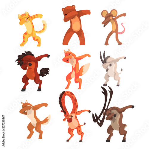 Various animals standing in dub dancing poses set, cute cartoon wild animals doing dubbing vector Illustration on a white background