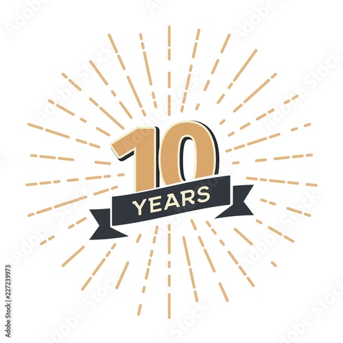 10 th anniversary retro vector emblem isolated template. Vintage logo tenth years with ribbon and salute