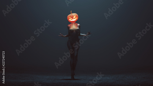 Sexy Pumpkin Head Devil Woman in a foggy void 3d Illustration 3d render