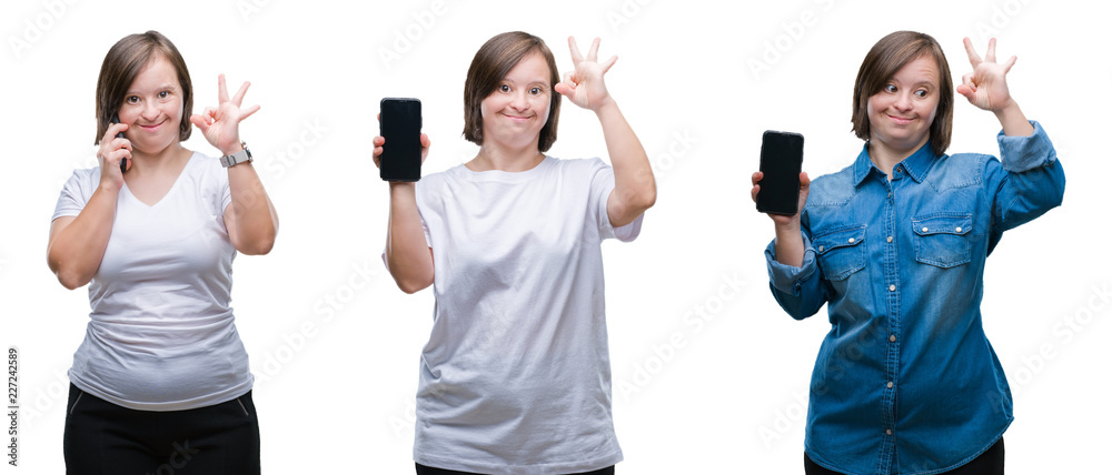 Collage of down sydrome woman using smartphone over isolated background doing ok sign with fingers, excellent symbol Collage of down sydrome woman using smartphone over isolated background doing ok sign with fingers, excellent symbol