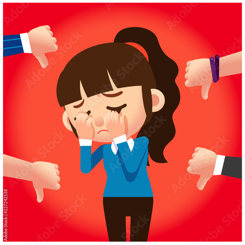 Vector regretting female character with many hands in dislike gesture, thumb down