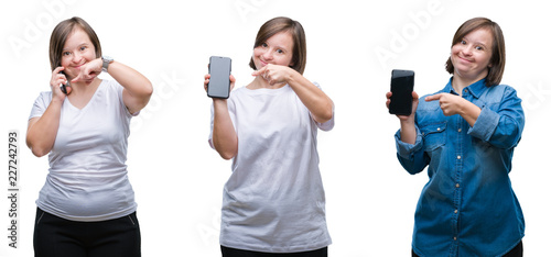 Collage of down sydrome woman using smartphone over isolated background very happy pointing with hand and finger