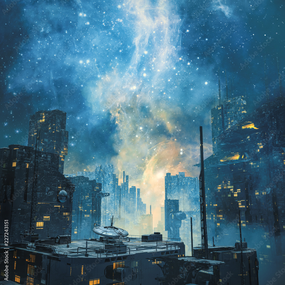 Naklejka premium Galaktyczna kolonia przestrzeni nocą / 3D ilustracja ciemnego futurystycznego miasta science fiction pod świecącą galaktyką na niebie