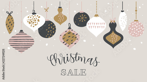 Christmas sale banner template typography with christmas balls, for sale flyers, poster, web banner and greeting card. vector illustration photo