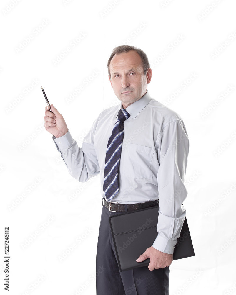 serious businessman pointing marker at copy space. isolated on white background. serious businessman pointing marker at copy space. isolated on white background.