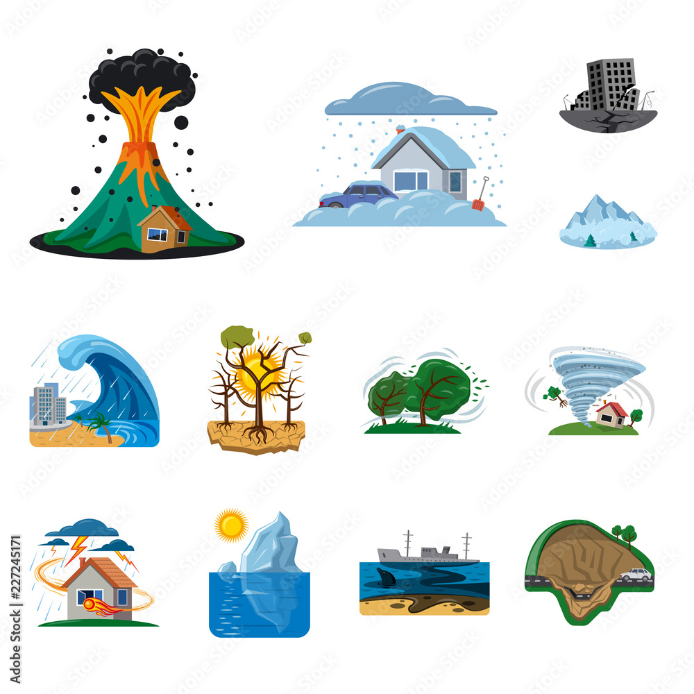 Isolated object of natural and disaster logo. Collection of natural and risk stock symbol for web.