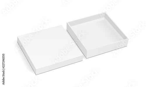 Blank square thin box mockup with lid isolated on white background. Vector illustration