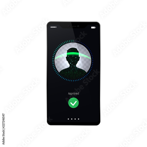 Approved Face recognition in modern smartphone vector illustration. Successful attemption user id process Isolated mobile phone on white background