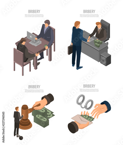 Bribery banner set. Isometric set of bribery vector banner for web design