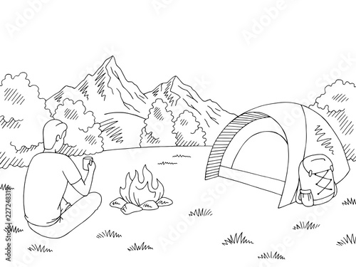 Tourist sitting near the bonfire and drinking  from a cup. Camping graphic black white mountain landscape sketch illustration vector