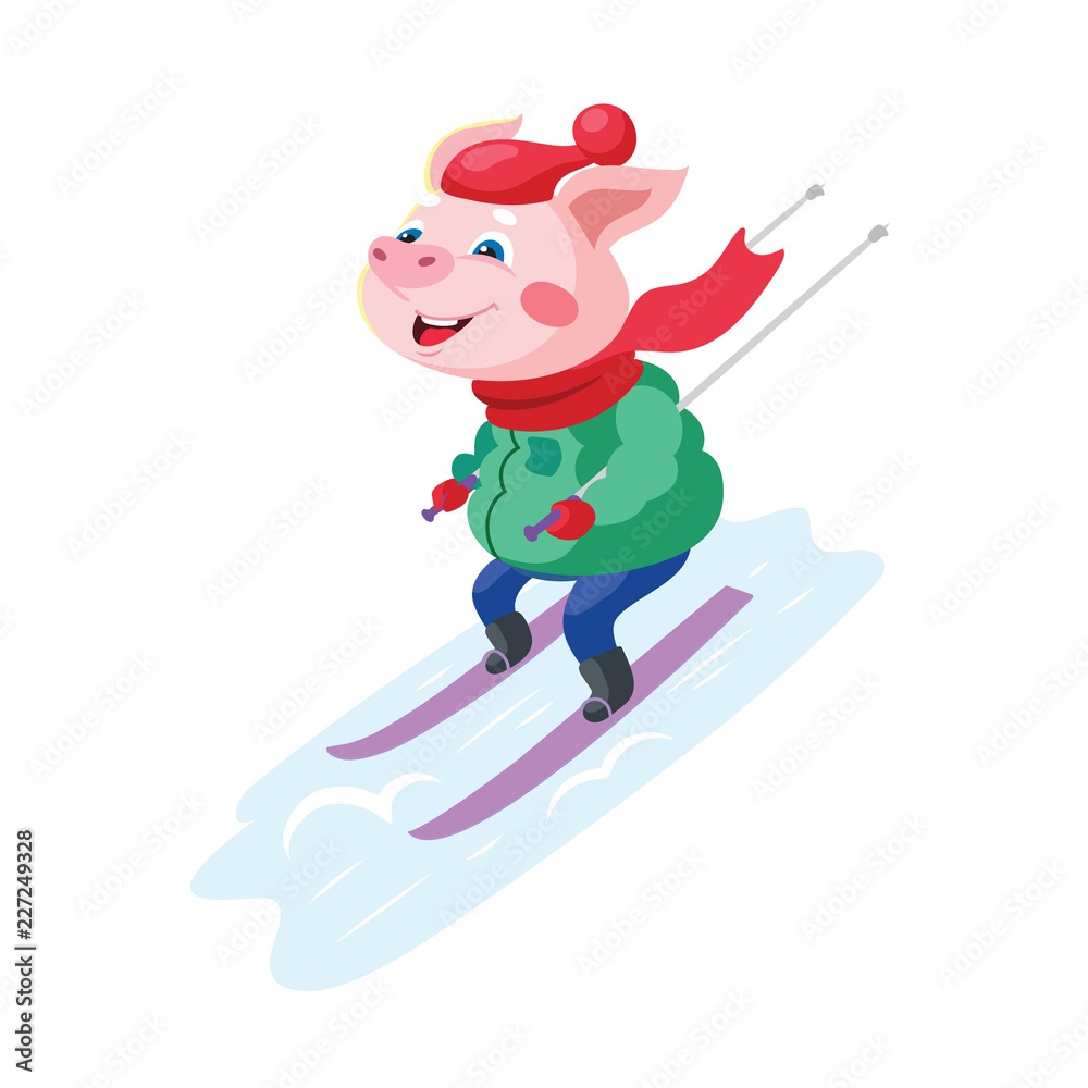 Fototapeta premium A funny cartoon pig in warm clothes on skis.